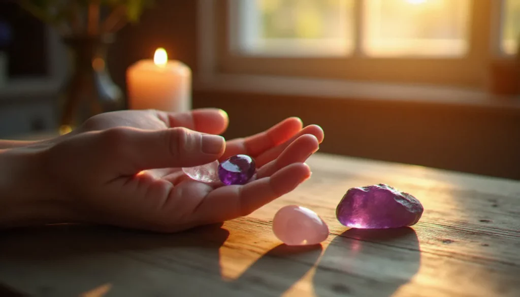 Main tenant des pierres naturelles polies — améthyste, quartz rose et cristal — posées sur une surface en bois, lumière dorée du matin, évoquant la spiritualité des pierres naturelles