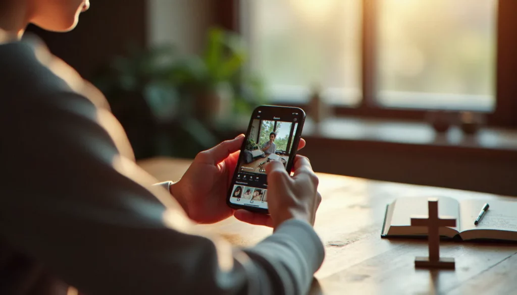 bio instagram religion featured Personne rédigeant sa bio instagram religion sur son smartphone, avec une croix en bois posée sur une table en bois naturel