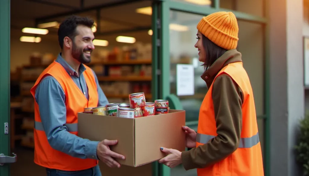 collecte alimentaire 2026 featured Bénévole en chasuble orange remettant un carton de denrées alimentaires lors d'une collecte alimentaire 2026 devant un supermarché