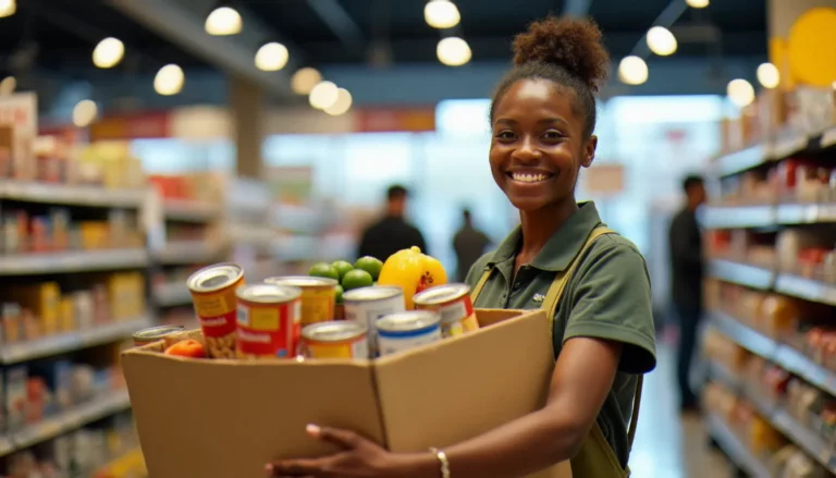 Un bénévole dépose des conserves dans un bac de collecte alimentaire à l'entrée d'un supermarché lors d'une opération solidaire