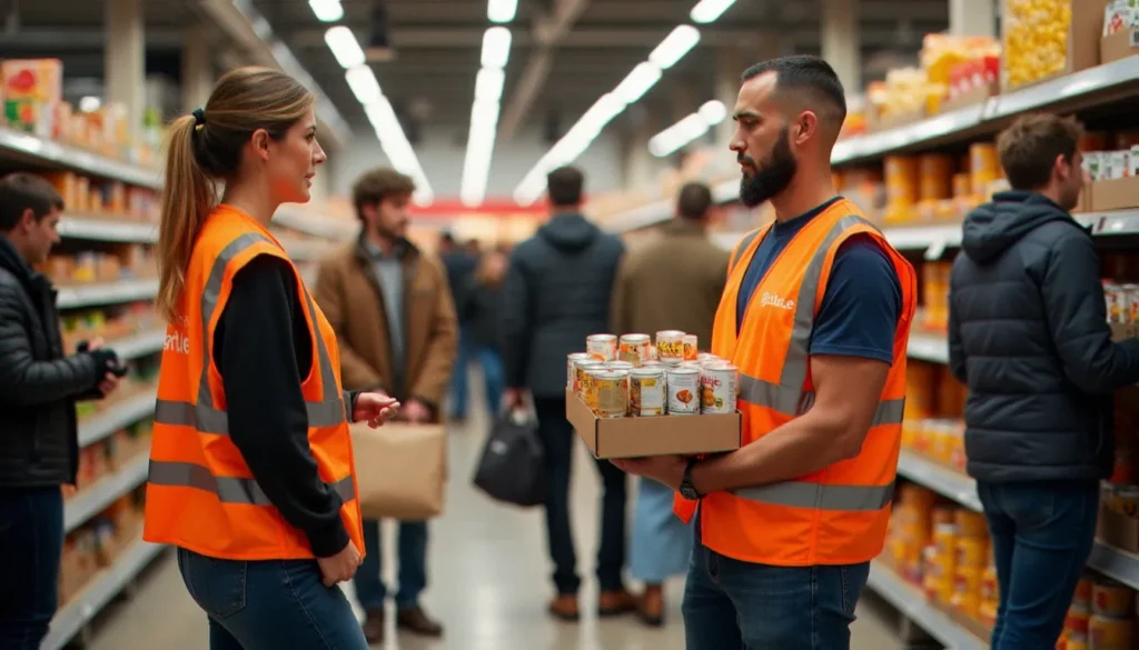 collecte alimentaire rennes featured Bénévoles en gilet orange lors d'une collecte alimentaire devant un supermarché à Rennes, accueillant les dons des clients