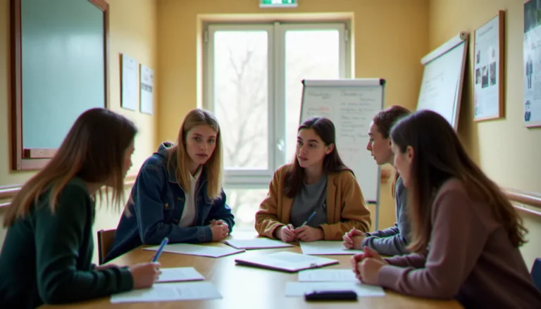 Groupe de lycéens engagés dans une réunion de délégués au sein de leur lycée, illustrant l'engagement citoyen au lycée