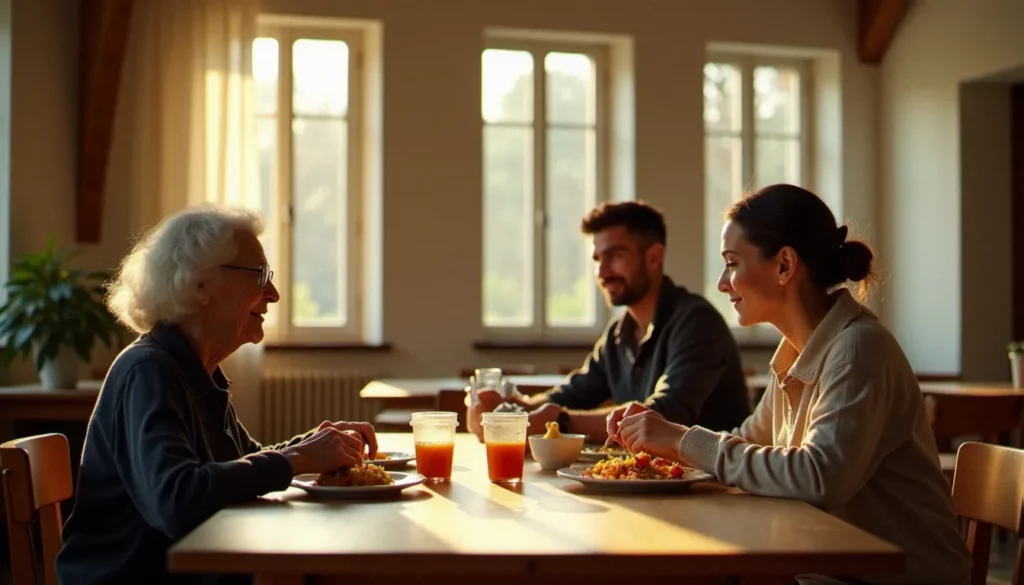 entraide solidarite photos featured Scène d'entraide et de solidarité entre générations autour d'un repas partagé dans une salle communautaire, illustrant le lien humain au cœur de la solidarité