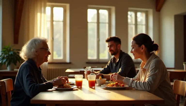Scène d'entraide et de solidarité entre générations autour d'un repas partagé dans une salle communautaire, illustrant le lien humain au cœur de la solidarité