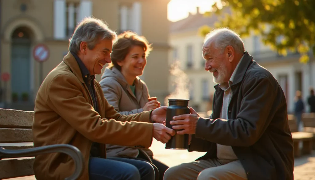 entraide solidarite tours featured Bénévoles pratiquant l'entraide et la solidarité à Tours en distribuant de la soupe chaude à une personne âgée sur une place de la ville