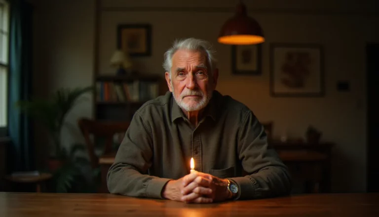 Homme âgé méditatif assis à une table en bois, éclairé par une bougie, évoquant la réflexion sur le medium et l'avis scientifique