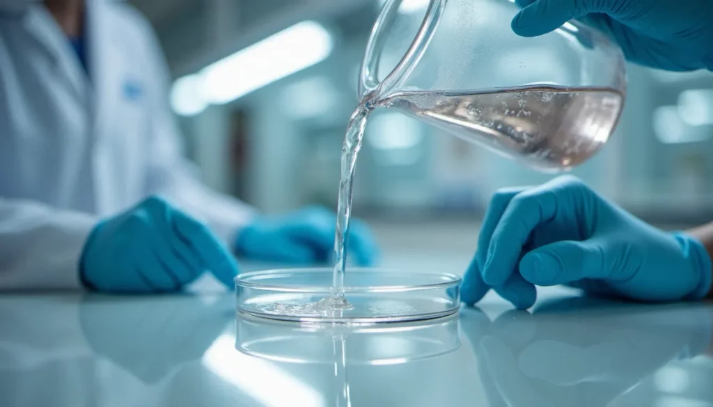 medium biology meaning featured Mains gantées versant un milieu de culture liquide dans une boîte de Petri en laboratoire, illustrant le medium biology meaning