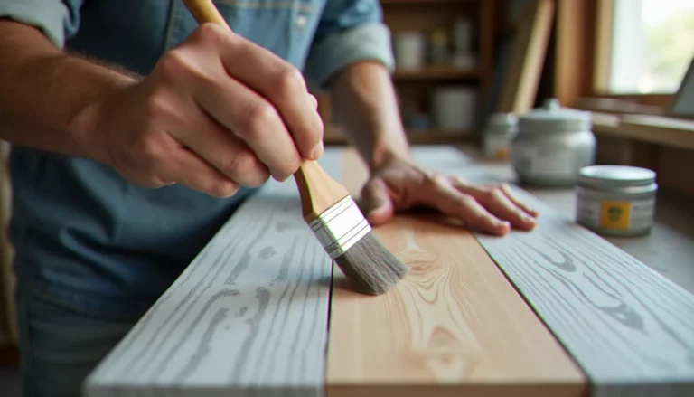 Application de medium effet bois sur un meuble avec un pinceau plat, créant des veines naturelles sur une surface peinte en gris dans un atelier lumineux