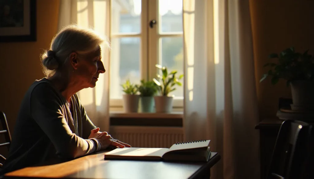 medium france 2026 featured Une femme âgée pensive assise près d'une fenêtre en France, illustrant la quête de sens autour du phénomène medium France 2026