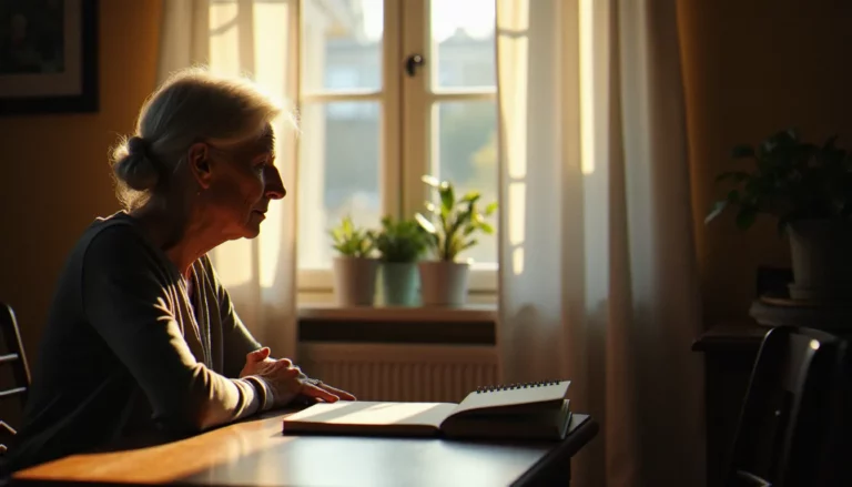 Une femme âgée pensive assise près d'une fenêtre en France, illustrant la quête de sens autour du phénomène medium France 2026