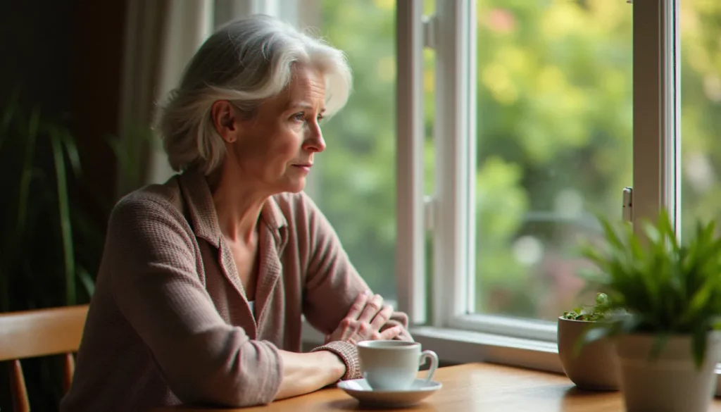 medium france les mieux notes featured Femme songeuse assise à une table en bois près d'une fenêtre, illustrant la réflexion avant de consulter un médium parmi les mieux notés en France