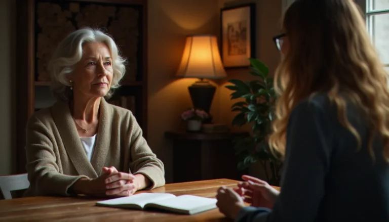 Une femme en consultation avec un medium assis en face d'elle, ambiance chaleureuse et respectueuse, illustrant le choix d'un medium à prix raisonnable