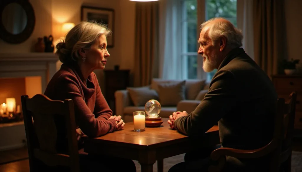 medium sans cb featured Une femme âgée et un homme discutent calmement autour d'une table en bois, sans carte bancaire ni dispositif commercial visible, illustrant une consultation medium sans CB