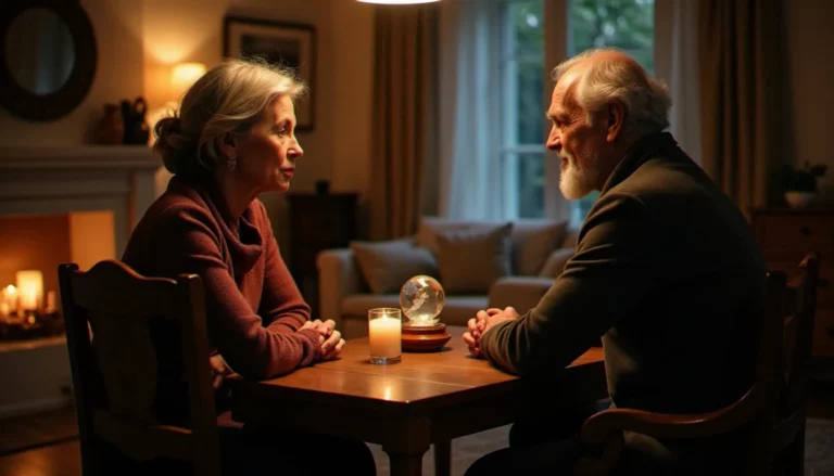 Une femme âgée et un homme discutent calmement autour d'une table en bois, sans carte bancaire ni dispositif commercial visible, illustrant une consultation medium sans CB