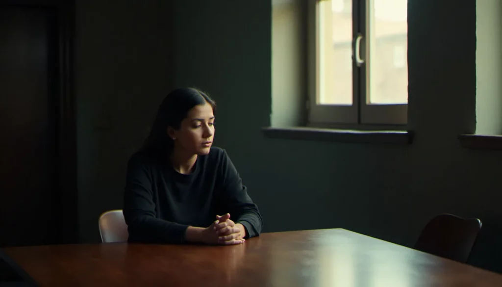 medium sans support featured Un medium sans support assis les mains vides devant une table en bois, les yeux fermés dans un moment de recueillement intérieur