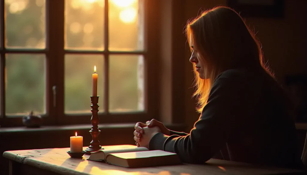 recette spiritualite featured Personne en recueillement spirituel le matin, les mains posées sur une table en bois, une bougie allumée et un livre ouvert, lumière dorée de l'aube