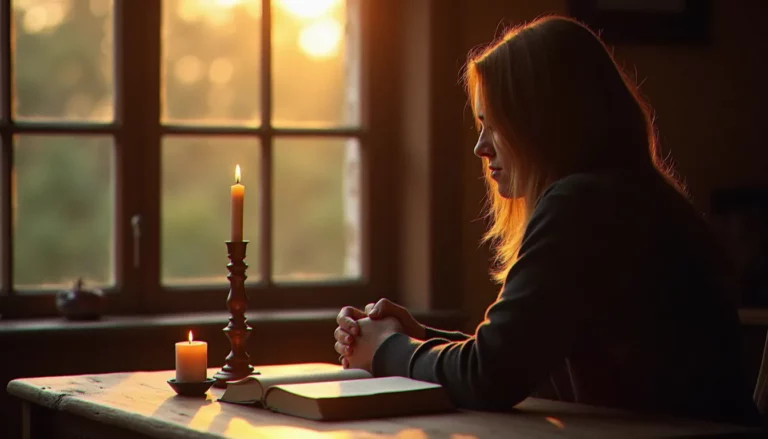 Personne en recueillement spirituel le matin, les mains posées sur une table en bois, une bougie allumée et un livre ouvert, lumière dorée de l'aube