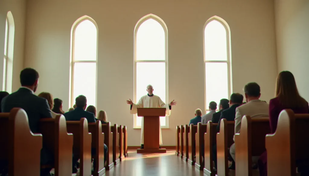 religion avec pasteur featured Un pasteur protestant prêchant depuis une chaire en bois dans une église sobre et lumineuse, illustrant la religion avec pasteur
