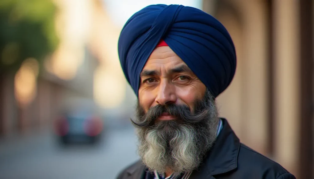 religion avec turban featured Portrait d'un homme sikh portant un turban bleu noué, symbole de la religion avec turban dans la tradition sikhiste