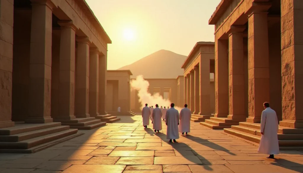 religion guide old world featured Temple antique avec colonnes de pierre et procession de prêtres sous la lumière dorée, illustrant le rôle de la religion guide old world dans les civilisations anciennes