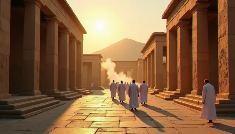 Temple antique avec colonnes de pierre et procession de prêtres sous la lumière dorée, illustrant le rôle de la religion guide old world dans les civilisations anciennes