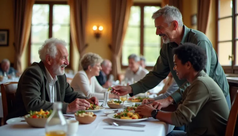 Salle à manger d'un restaurant sociale à Como avec des convives de différentes origines partageant un repas servi à table