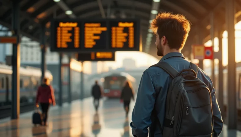 Jeune volontaire européen avec sac à dos dans une gare européenne, prêt à partir pour sa mission de volontariat européen