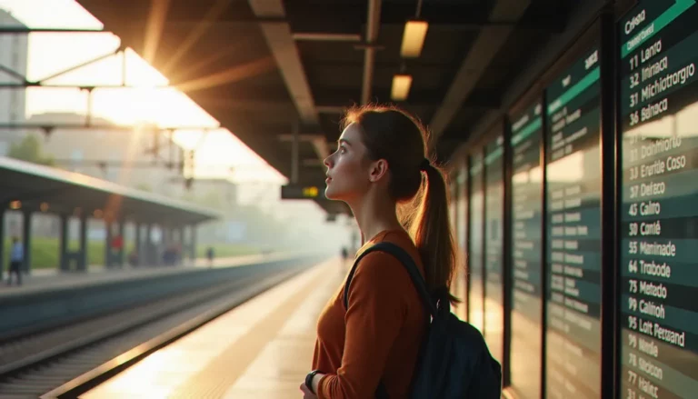 Jeune volontaire avec sac à dos devant un tableau de départs dans une gare européenne, illustrant la recherche d'offres de volontariat européen