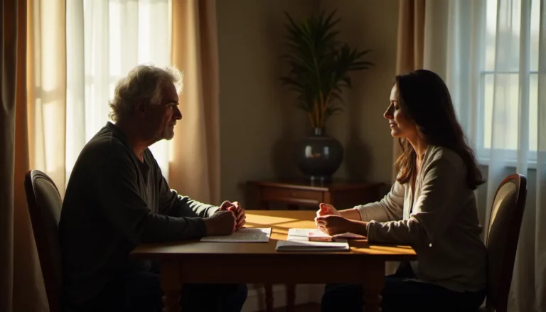 Consultation entre deux personnes dans un cadre sobre et chaleureux, illustrant la recherche d'un medium meilleur dans un contexte de discernement et de dialogue