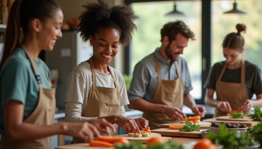 Des bénévoles préparent ensemble des repas dans une cuisine communautaire, illustrant la foi en Dieu qui se fait action concrète