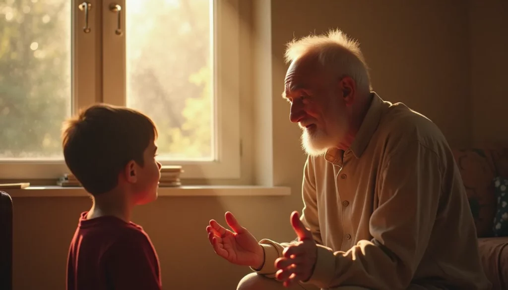 Un maître enseigne à son disciple dans une pièce baignée de lumière naturelle.