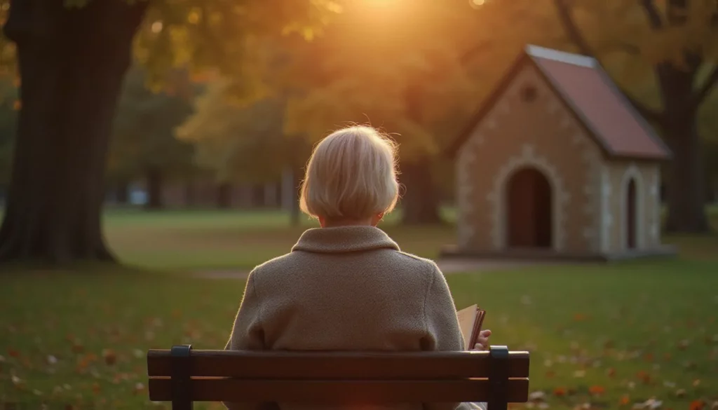 Une femme assise sur un banc au lever du jour près d'une chapelle, symbole du bien etre spirituel et du recueillement