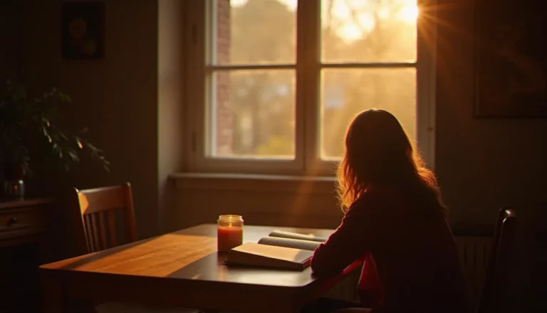 Personne en méditation à une table en bois près d'une fenêtre au lever du jour, illustrant le développement spirituel