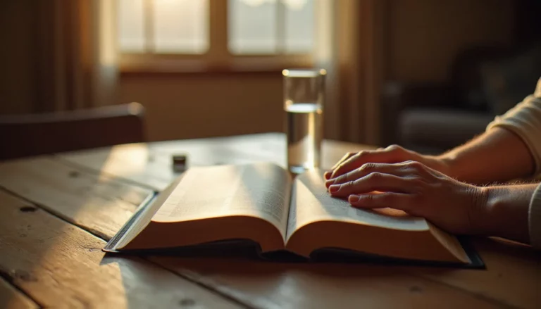 Mains âgées tenant une Bible ouverte, symbolisant les bases de la spiritualité chrétienne