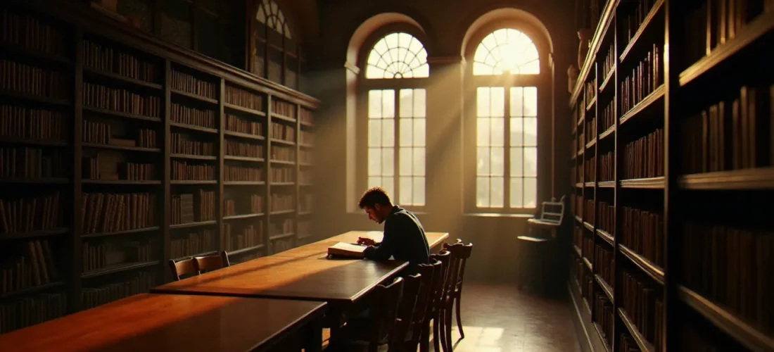 Salle de lecture d'une bibliothèque française des années 1991, un lecteur plongé dans un roman sous la lumière dorée des fenêtres, évoquant l'atmosphère littéraire de l'année 1991 en littérature