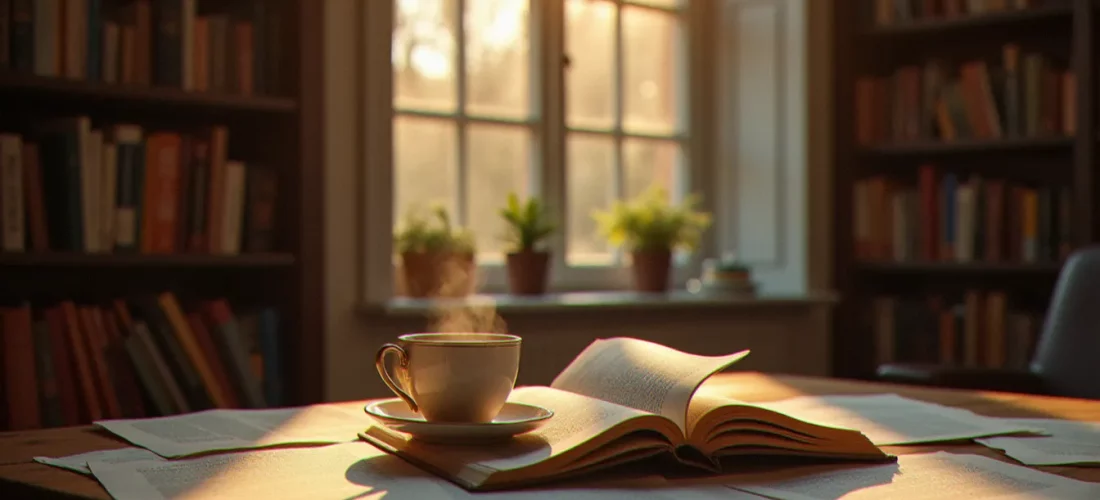 Une table de lecture en bois avec un livre ouvert sur des œuvres littéraires de 1996, éclairée par la lumière dorée d'une après-midi d'automne dans un appartement français