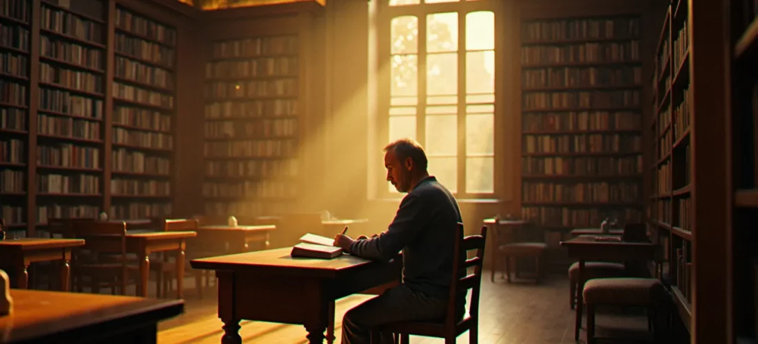 Une salle de lecture dans une bibliothèque publique française à l'automne 2002, illustrant l'atmosphère de l'année 2002 en littérature