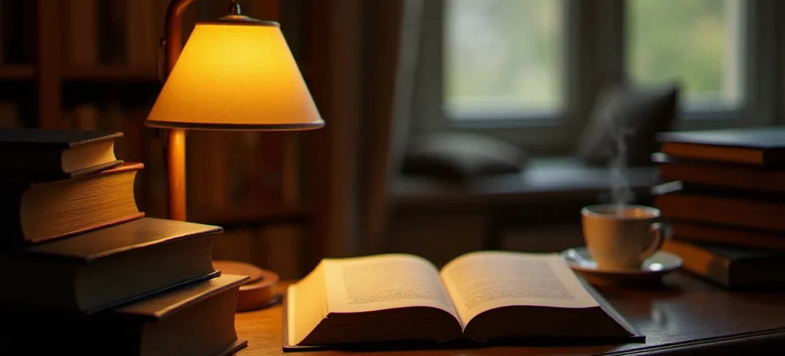 Une table de lecture éclairée à la lampe avec plusieurs romans ouverts empilés, évoquant l'univers de 2003 en littérature dans une bibliothèque aux tonalités chaleureuses