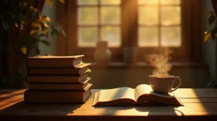 Table de lecture en bois avec des romans français empilés et un livre ouvert sous la lumière dorée de l'automne, illustrant la richesse de la production de 2004 en littérature