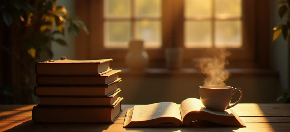 Table de lecture en bois avec des romans français empilés et un livre ouvert sous la lumière dorée de l'automne, illustrant la richesse de la production de 2004 en littérature