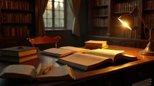 Bureau d'écrivain éclairé à la lampe dorée avec des livres ouverts et un manuscrit, évoquant l'effervescence créatrice de l'année 2005 en littérature
