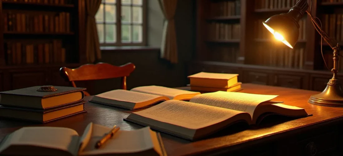 Bureau d'écrivain éclairé à la lampe dorée avec des livres ouverts et un manuscrit, évoquant l'effervescence créatrice de l'année 2005 en littérature