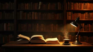Une librairie française de 2007 avec ses étagères de romans littéraires, une lampe de lecture illuminant un livre ouvert sur une table en bois, évoquant l'atmosphère de la littérature de cette année marquante