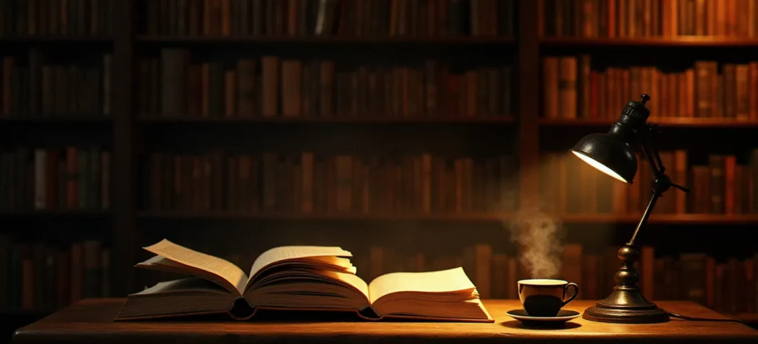 Une librairie française de 2007 avec ses étagères de romans littéraires, une lampe de lecture illuminant un livre ouvert sur une table en bois, évoquant l'atmosphère de la littérature de cette année marquante