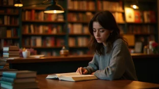 Une lectrice française plongée dans un roman dans une librairie indépendante en 2009, entourée d'ouvrages de littérature contemporaine primée