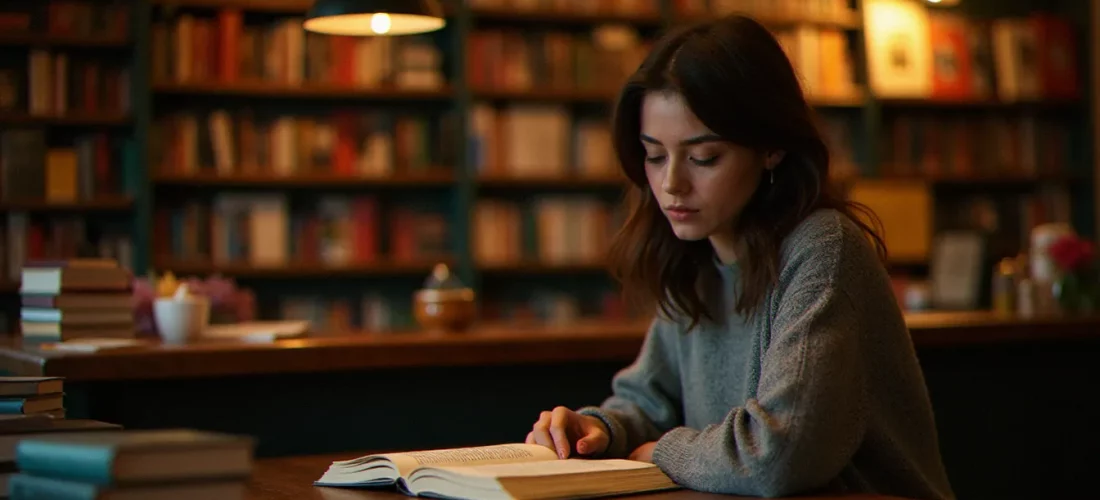 Une lectrice française plongée dans un roman dans une librairie indépendante en 2009, entourée d'ouvrages de littérature contemporaine primée