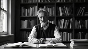 Portrait d'un homme pensif assis à un bureau couvert de livres ouverts, évoquant la réflexion d'Abraham Maslow sur la nature humaine