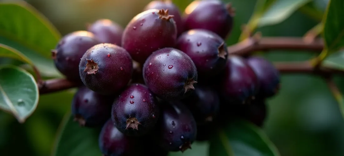 Grappe de baies d'açaï violettes sur un palmier en Amazonie, avec une lumière matinale filtrant à travers la forêt tropicale dense