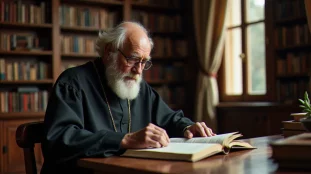 Portrait d'un pasteur protestant en train de lire dans une bibliothèque, évoquant la figure d'Alain Houziaux théologien