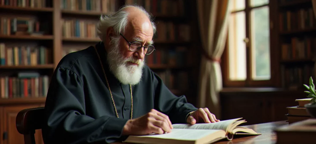 Portrait d'un pasteur protestant en train de lire dans une bibliothèque, évoquant la figure d'Alain Houziaux théologien